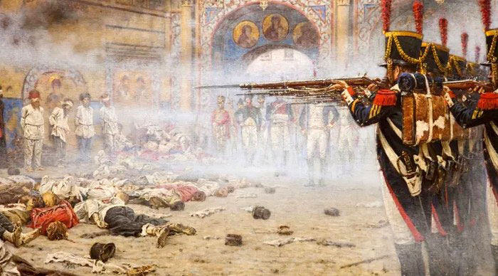 Солдаты Наполеона расстреливают москвичей, среди которых возможные поджигатели Москвы 1812 года